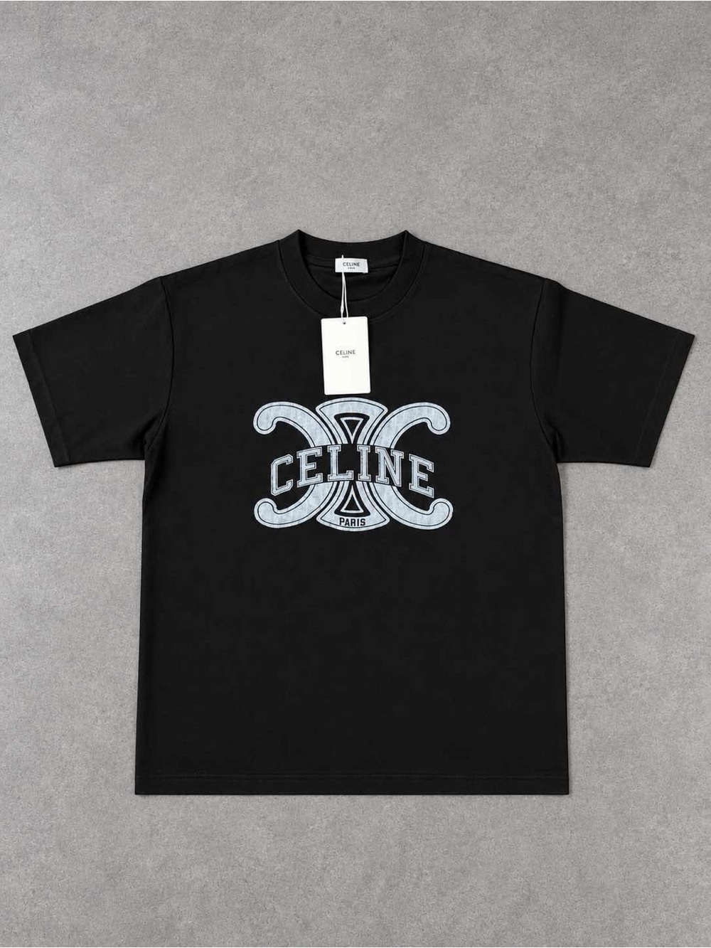 Celine Black Tee with Light Blue Logo